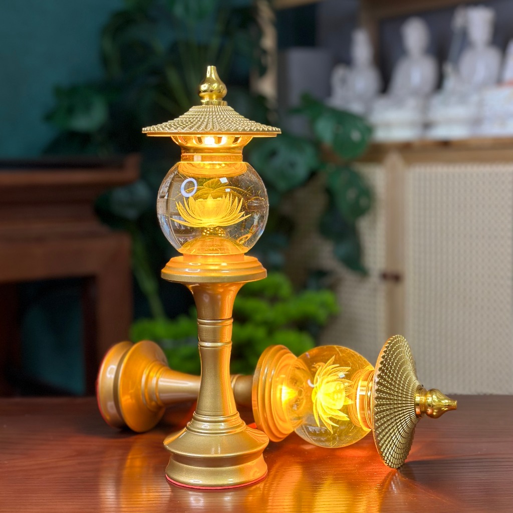 Ảnh Đèn Thờ Hoa Sen Pha Lê Hình Cầu, Kiểu Mái Ngói, Thân Hợp Kim Nhôm Sơn Đồng, Đèn Thờ Led - Tuệ Nga 2