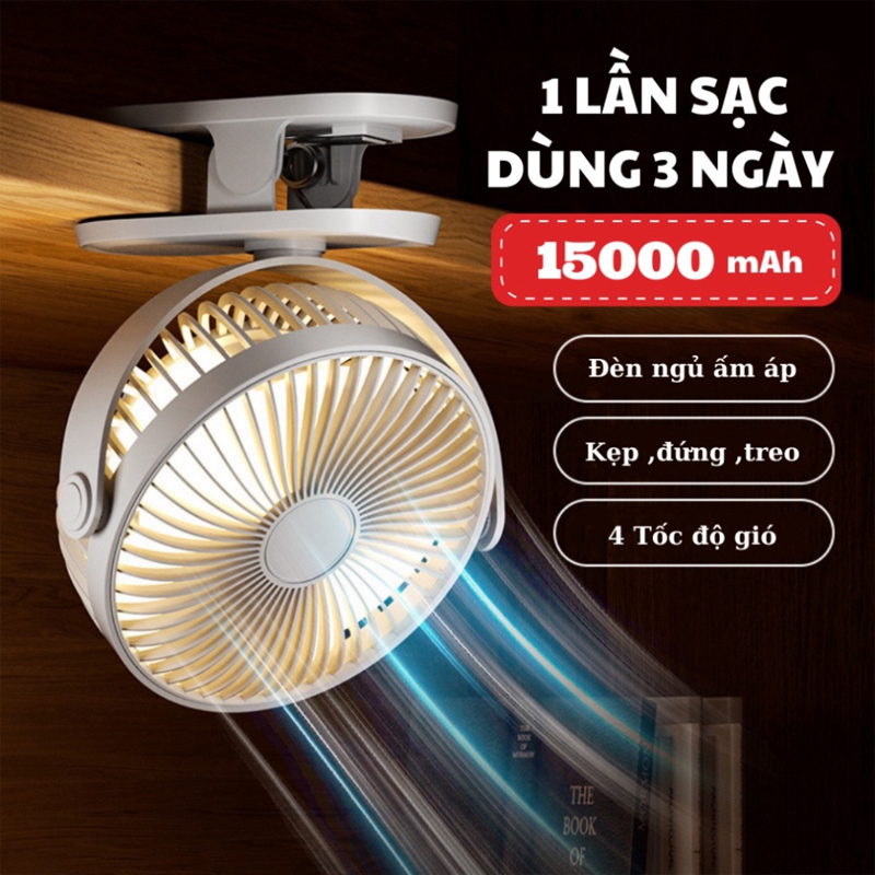Quạt cầm tay mini kẹp bàn pin tích điện 15000 mAh sử dụng , Quạt đa chức năng với chức năng ánh sáng ban đêm