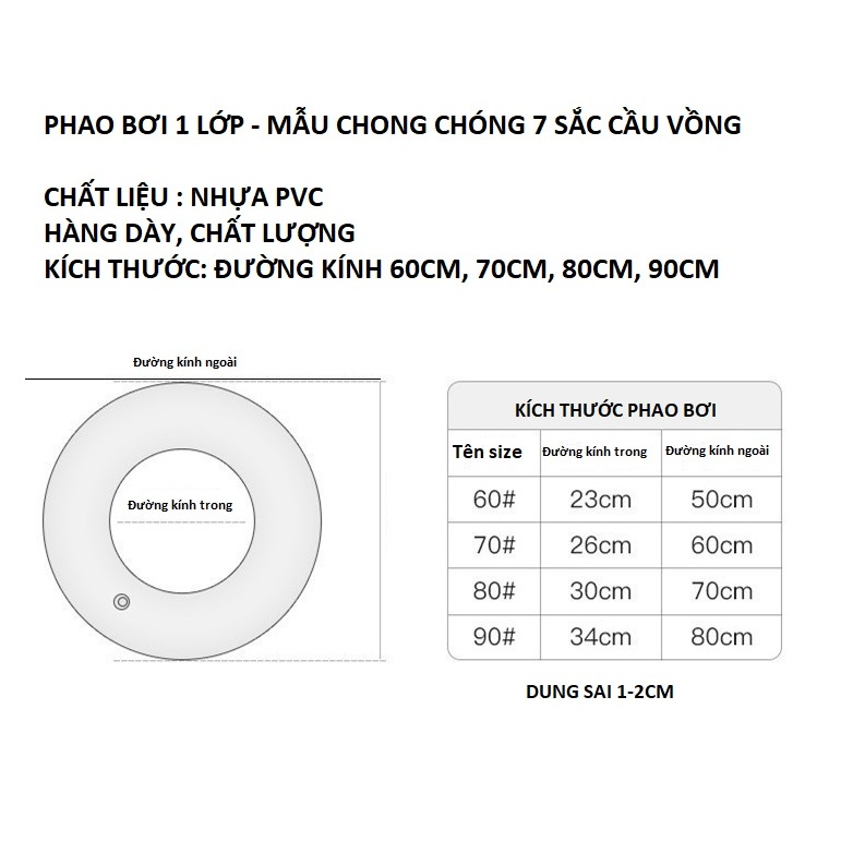 Phao bơi chong chóng tròn 1 lớp màu 7 sắc cầu vồng loại dày tốt size trẻ em đến người lớn
