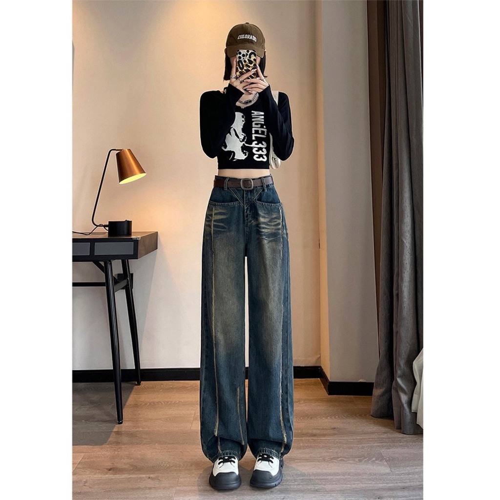 Quần suông jean nữ can chéo rách thân dài basic mới về
