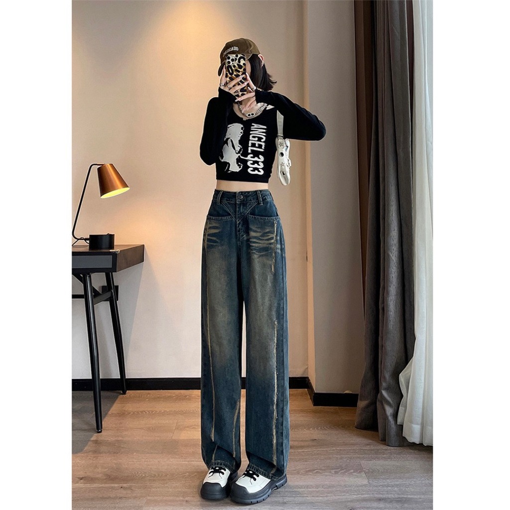 Quần suông jean nữ can chéo rách thân dài basic mới về