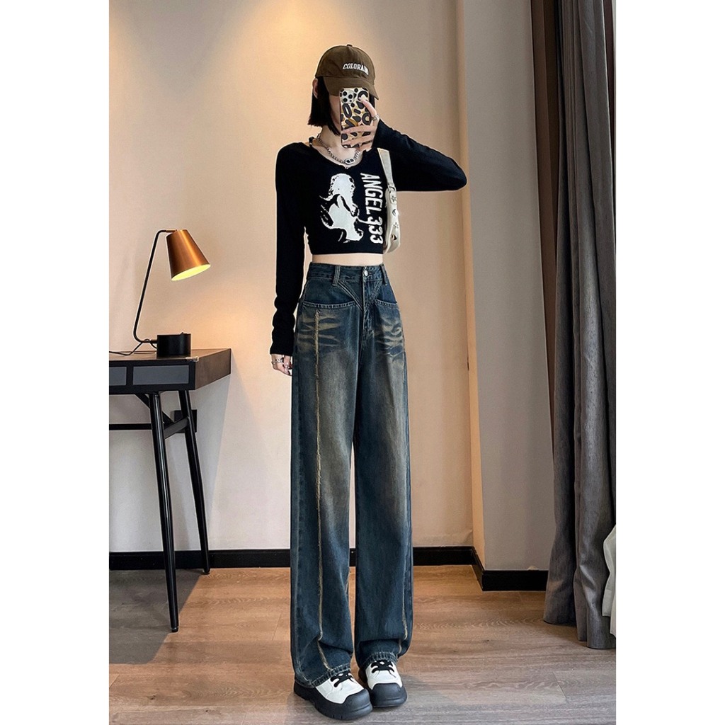 Quần suông jean nữ can chéo rách thân dài basic mới về