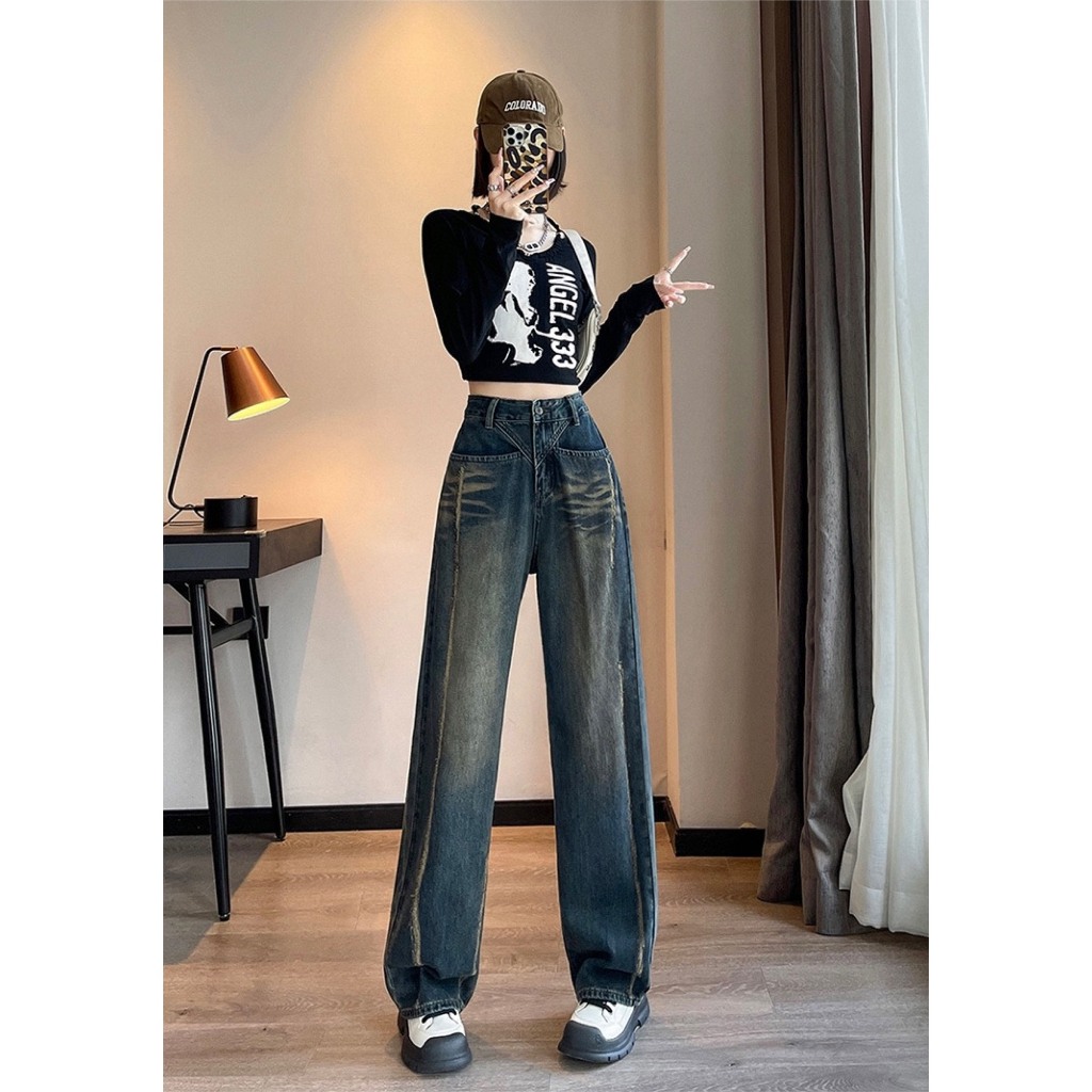 Quần suông jean nữ can chéo rách thân dài basic mới về