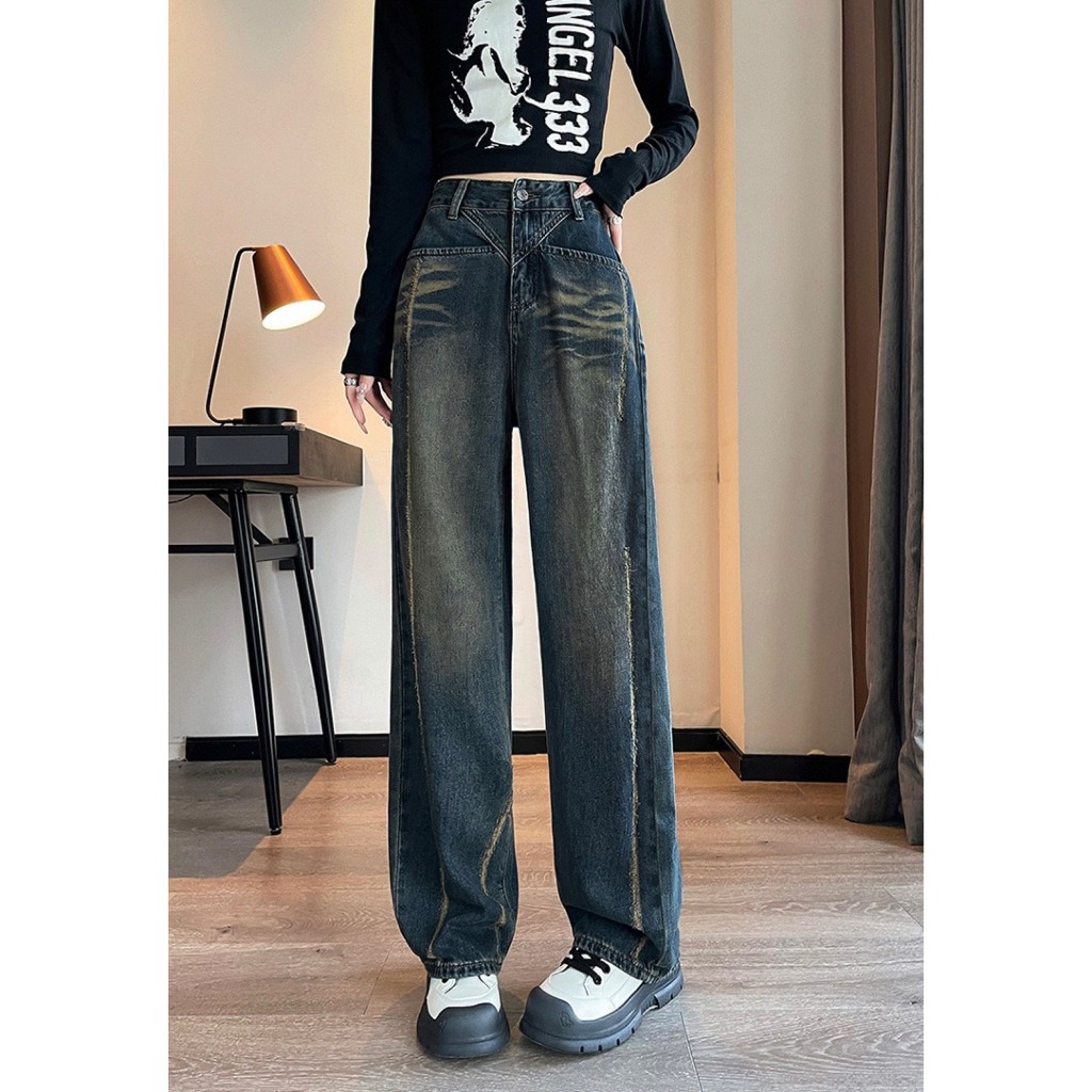 Quần suông jean nữ can chéo rách thân dài basic mới về