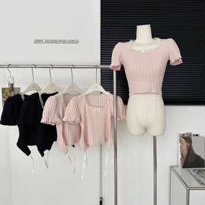 Áo thun croptop cổ vuông kiểu pháp phối ren độc đáo nơ nhí thời trang dành cho nữ hàng QC cao cấp(KÈM ẢNH THẬT)-HH013