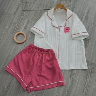 Set đồ pijama nữ tay ngắn thêu hình dễ thương kèm quần đùi ống rộng chất xốp đũi xinh xắn mặc mát 50-95kg SET825