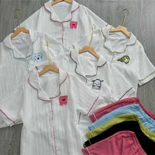 Set đồ pijama nữ tay ngắn thêu hình dễ thương kèm quần đùi ống rộng chất xốp đũi xinh xắn mặc mát 50-95kg SET825