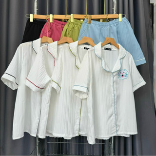 Set đồ pijama nữ tay ngắn thêu hình dễ thương kèm quần đùi ống rộng chất xốp đũi xinh xắn mặc mát 50-95kg SET825