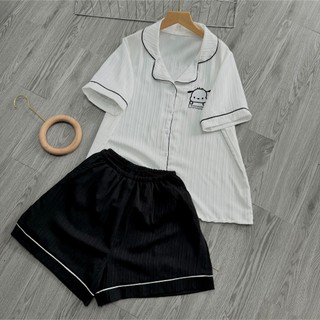 Set đồ pijama nữ tay ngắn thêu hình dễ thương kèm quần đùi ống rộng chất xốp đũi xinh xắn mặc mát 50-95kg SET825