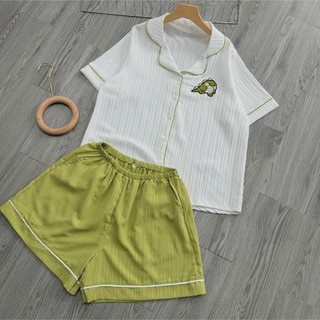 Set đồ pijama nữ tay ngắn thêu hình dễ thương kèm quần đùi ống rộng chất xốp đũi xinh xắn mặc mát 50-95kg SET825