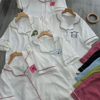 Set đồ pijama nữ tay ngắn thêu hình dễ thương kèm quần đùi ống rộng chất xốp đũi xinh xắn mặc mát 50-95kg SET825