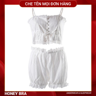 Bộ ngủ 2 dây đũi cute DN03 Đồ ngủ trắng gợi cảm, Đồ bộ 2 dây mặc nhà gợi cảm màu trắng thô đũi