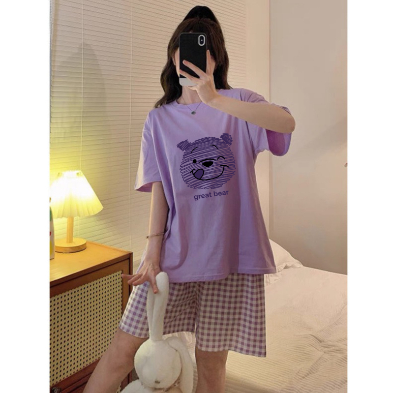 Sét đồ nữ áo quần đùi caro, áo ngắn tay in hình JULY, đồ bộ nữ mặc nhà, mặc đi chơi mát mẻ