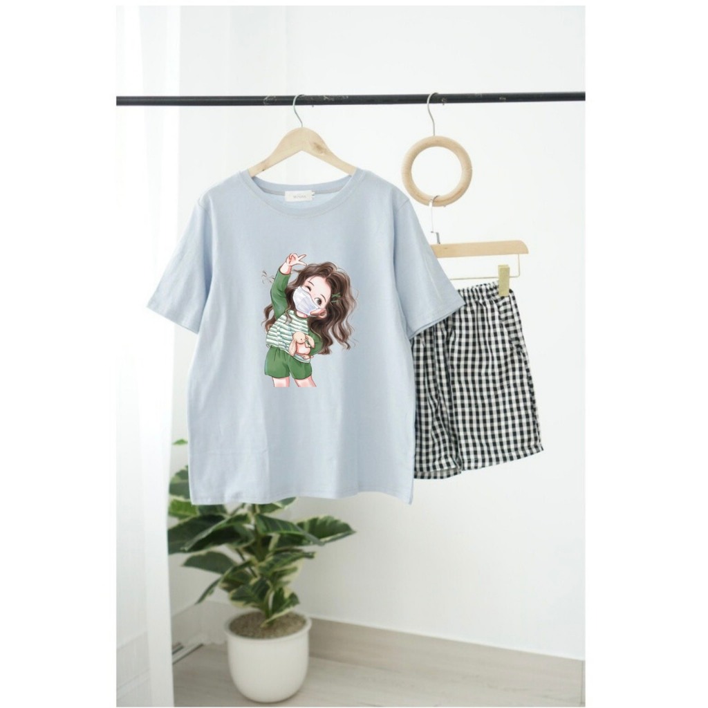 Sét đồ nữ áo quần đùi caro, áo ngắn tay in hình JULY, đồ bộ nữ mặc nhà, mặc đi chơi mát mẻ
