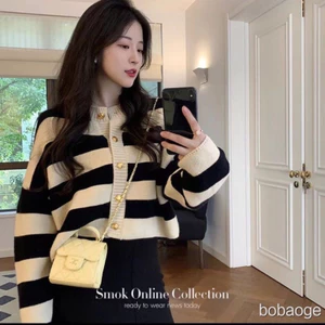 Áo khoác cardigan dáng crtoptop len cúc vàng kẻ sọc phong cách trẻ trung , nữ tịn hàng QC (KÈM ẢNH THẬT ) -TD054