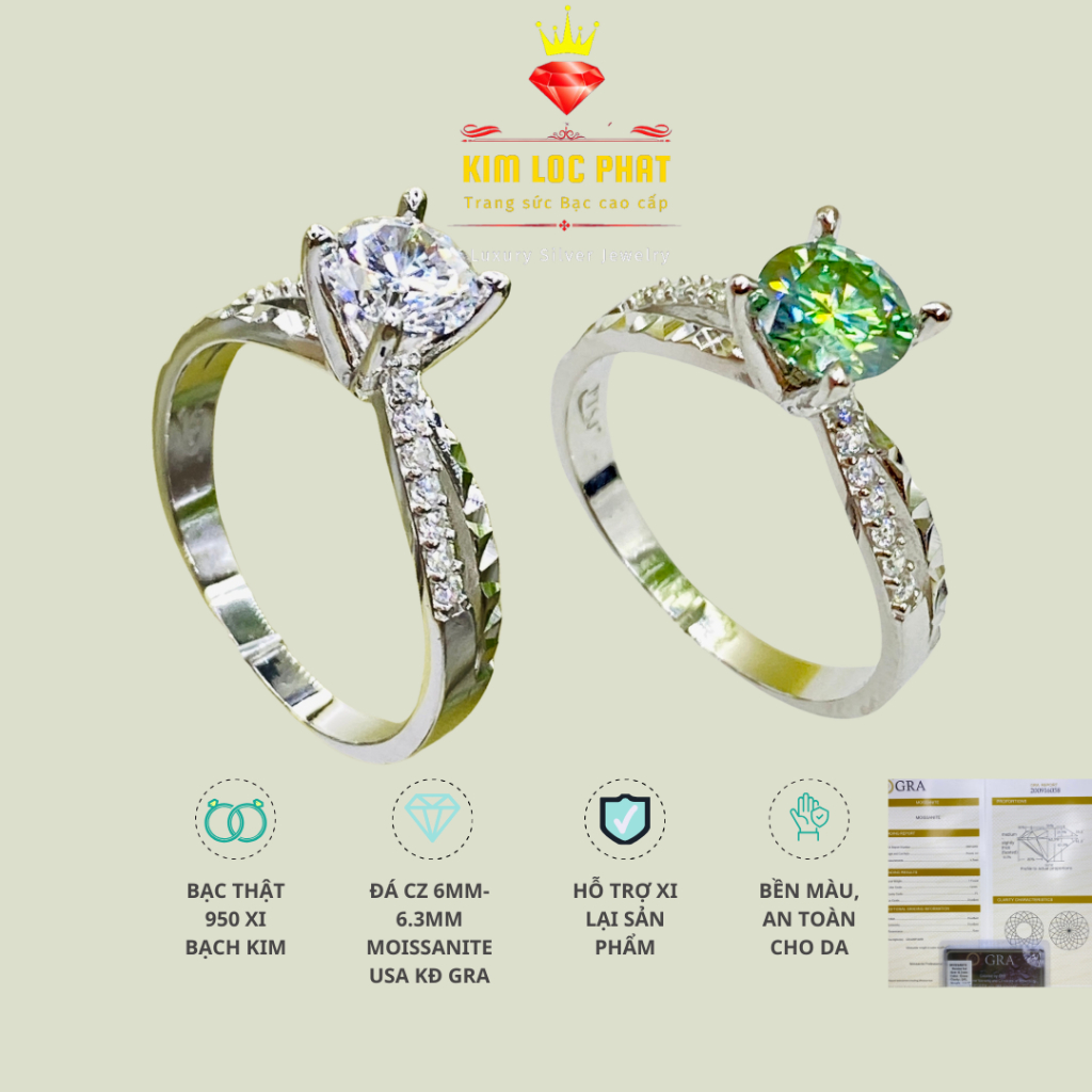 Nhẫn Moissanite màu trắng kiểu đai chéo phối chạm 6.3mm, Nhẫn bạc nữ xi bạch kim, Nhẫn kim cương nhân tạo moissanite