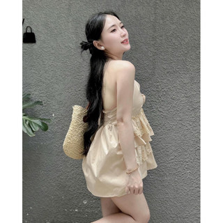[S2.726] Set Áo Yếm Hoa Thô Ren Tầng Mix Quần Tacta Trắng Siêu Xinh