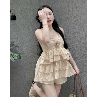 [S2.726] Set Áo Yếm Hoa Thô Ren Tầng Mix Quần Tacta Trắng Siêu Xinh