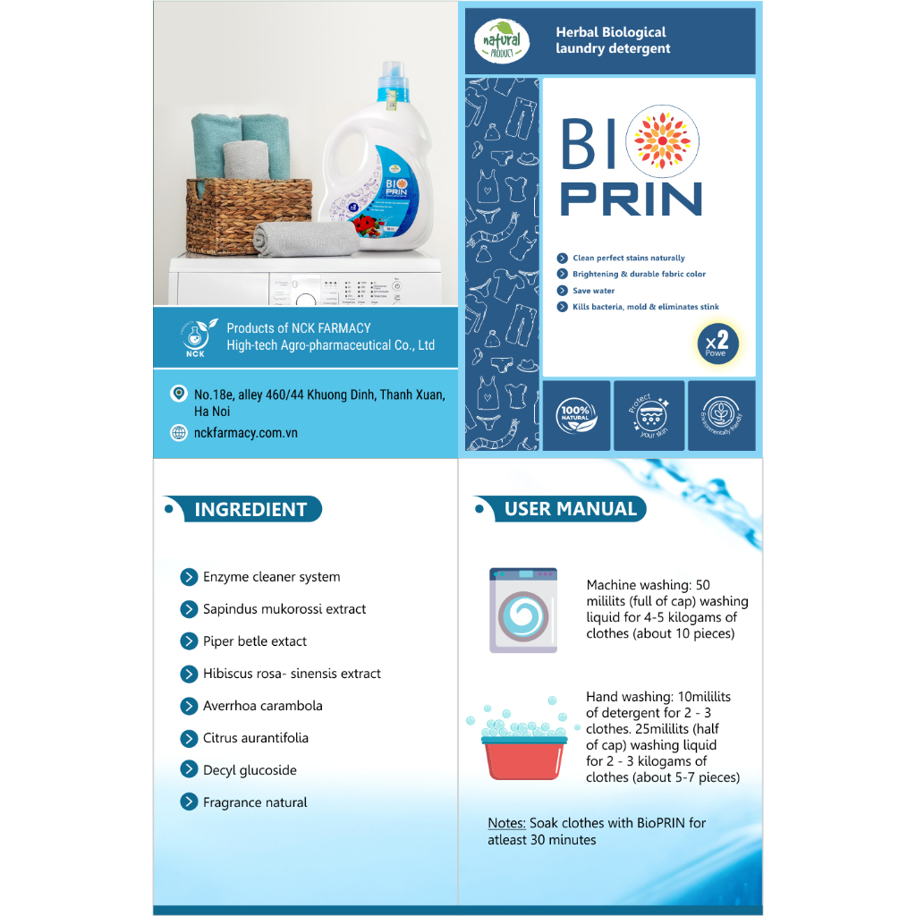 Nước Giặt Sinh Học Thảo Dược Bioprin - Trắng Sáng Bền Màu Vải, Làm Mềm Vải, Lưu Hương Lâu (Can 2L)