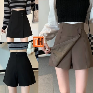 Quần short đùi nữ giả váy ống rộng lưng cao tà váy phối nút siêu xinh - S04