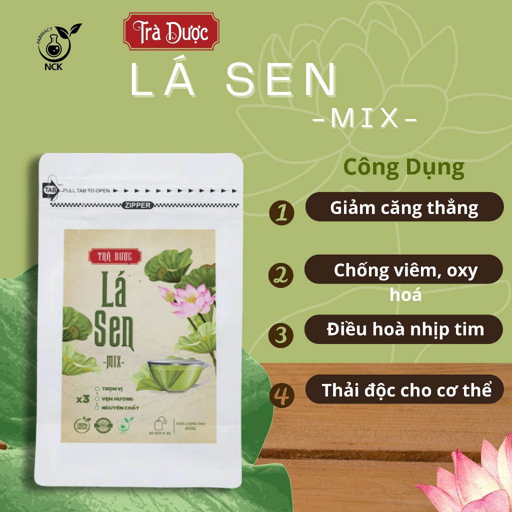 Trà Dược Lá Sen Mix NCK - Thanh Nhiệt, Giải Độc, Giảm Căng Thẳng Stress (20 Gói x2g)