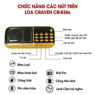 Loa đa năng Craven CR-836s FM/Thẻ nhớ/USB/Tai nghe/Đèn Pin - 2 Pin, Dung lượng 4400mAh