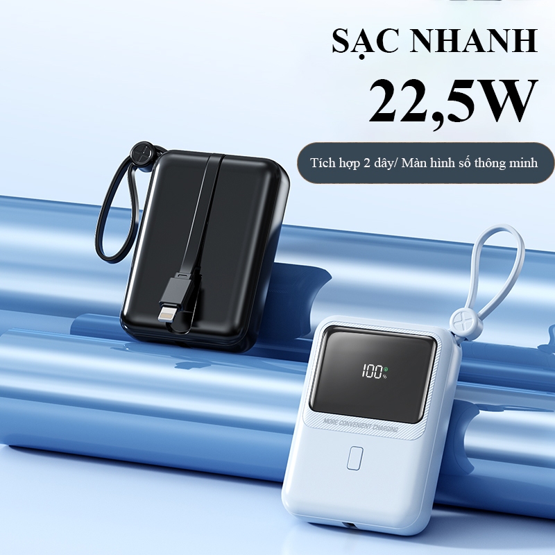 Sạc dự phòng 10000mAh sạc nhanh 22,5W mini cầm tay  tích hợp 2 dây sạc phù hợp với Iphone Samsung Oppo PD01S