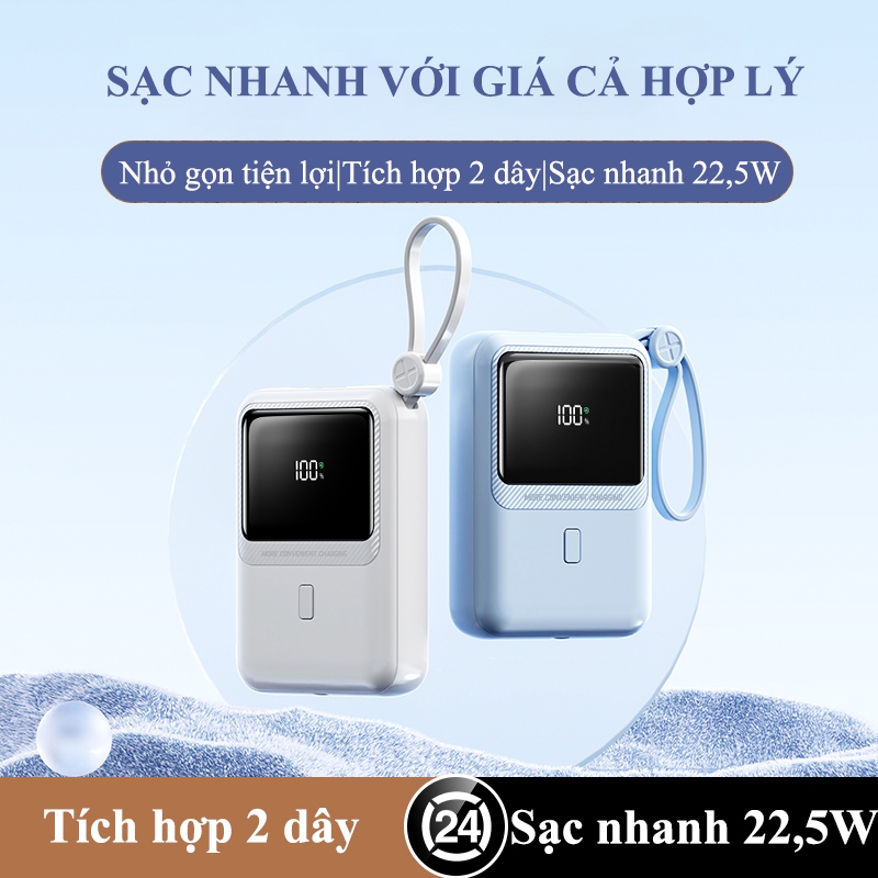 Sạc dự phòng 10000mAh sạc nhanh 22,5W mini cầm tay  tích hợp 2 dây sạc phù hợp với Iphone Samsung Oppo PD01S