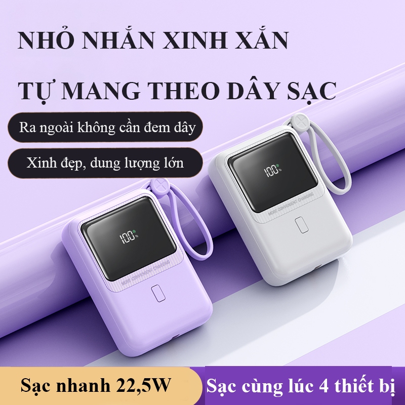 Sạc dự phòng 10000mAh sạc nhanh 22,5W mini cầm tay  tích hợp 2 dây sạc phù hợp với Iphone Samsung Oppo PD01S
