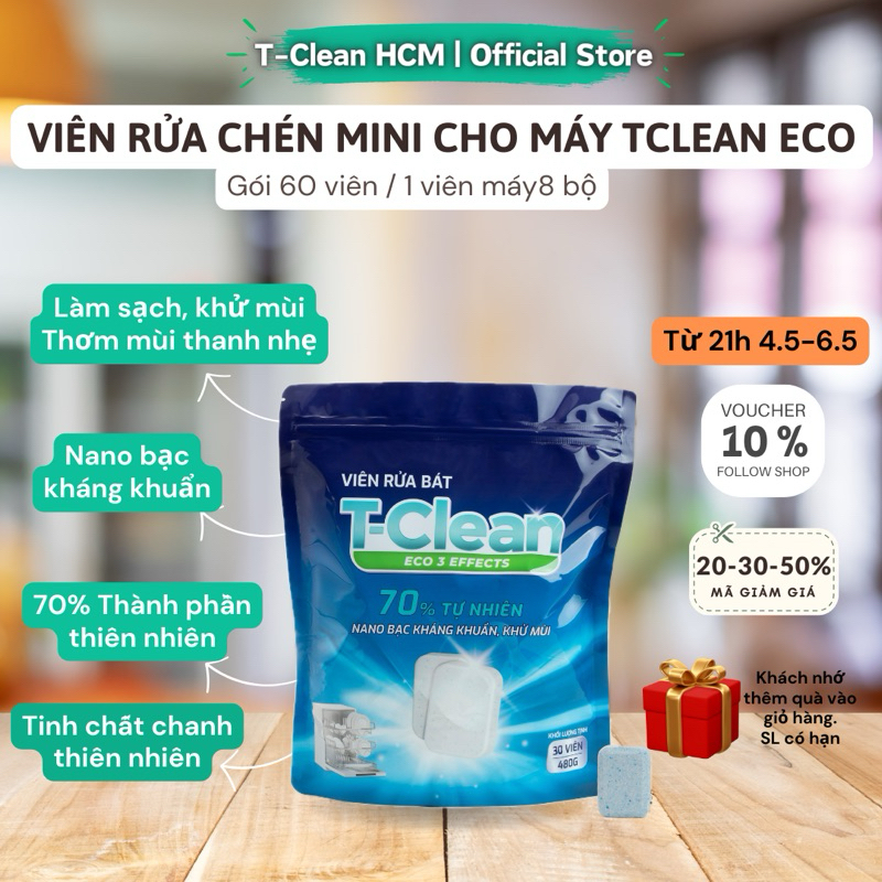 Túi 60 Viên Mini Rửa Chén TClean (T-Clean) cho máy rửa bát Nano Bạc ...
