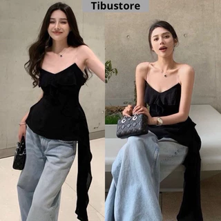 Áo Hai Dây (ko hạt) Phối Bèo Lệch Tà Dài TIBU Áo Nữ Đen Hở Lưng Dáng Dài Bèo Tôm Đi Biển Sexy Gợi Cảm