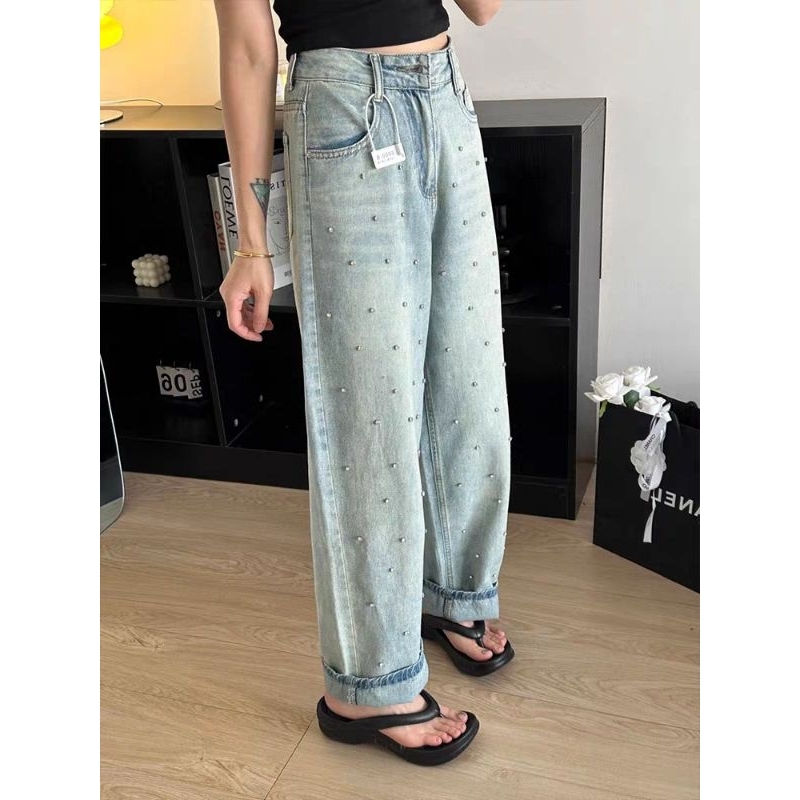M.H STYLE ORDER Quần jean dày dặn phong cách cổ điển Mỹ cỡ lớn dành cho nữ mùa hè dáng rộng, ống rộng, ống rộng
