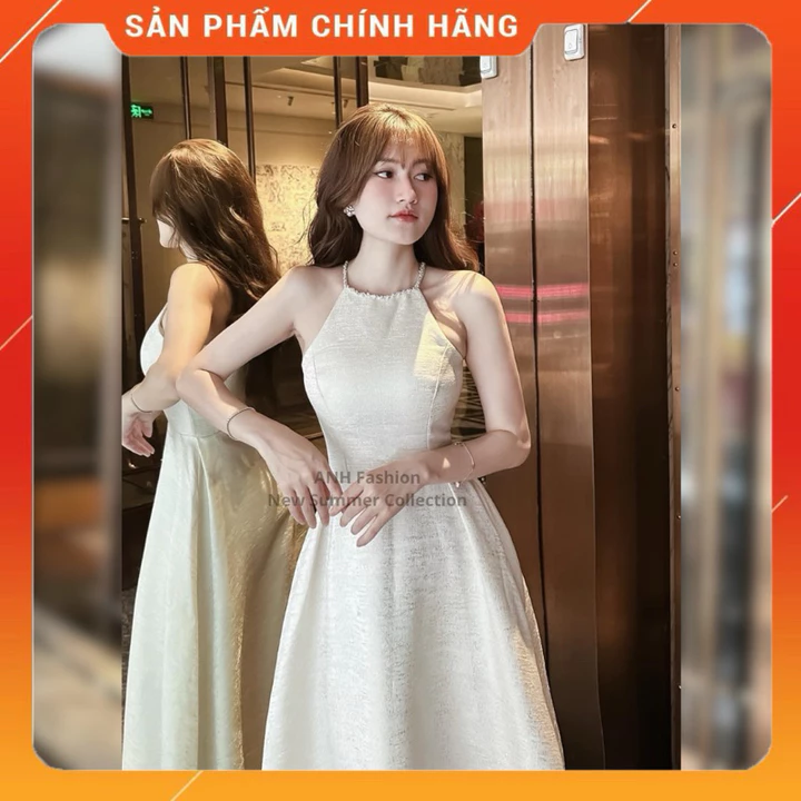 Đầm dự tiệc dáng dài đính đá cổ sang chảnh, Váy dự tiệc cổ yếm đính đá ANH FASHION