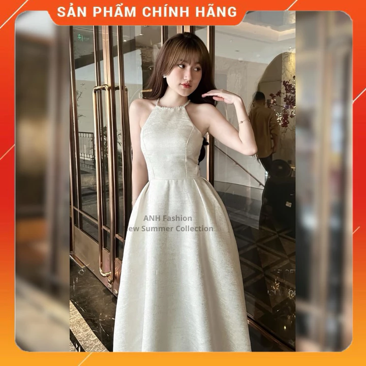 Đầm dự tiệc dáng dài đính đá cổ sang chảnh, Váy dự tiệc cổ yếm đính đá ANH FASHION