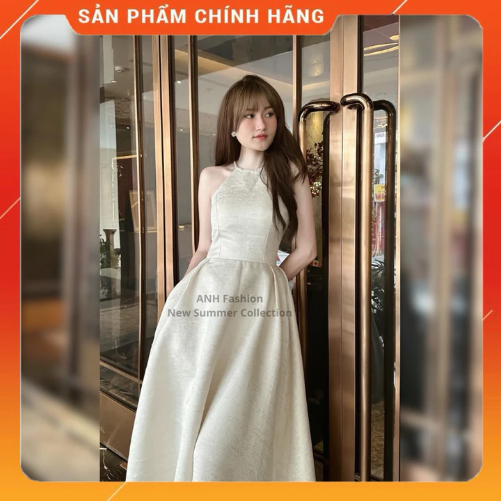 Đầm dự tiệc dáng dài đính đá cổ sang chảnh, Váy dự tiệc cổ yếm đính đá ANH FASHION
