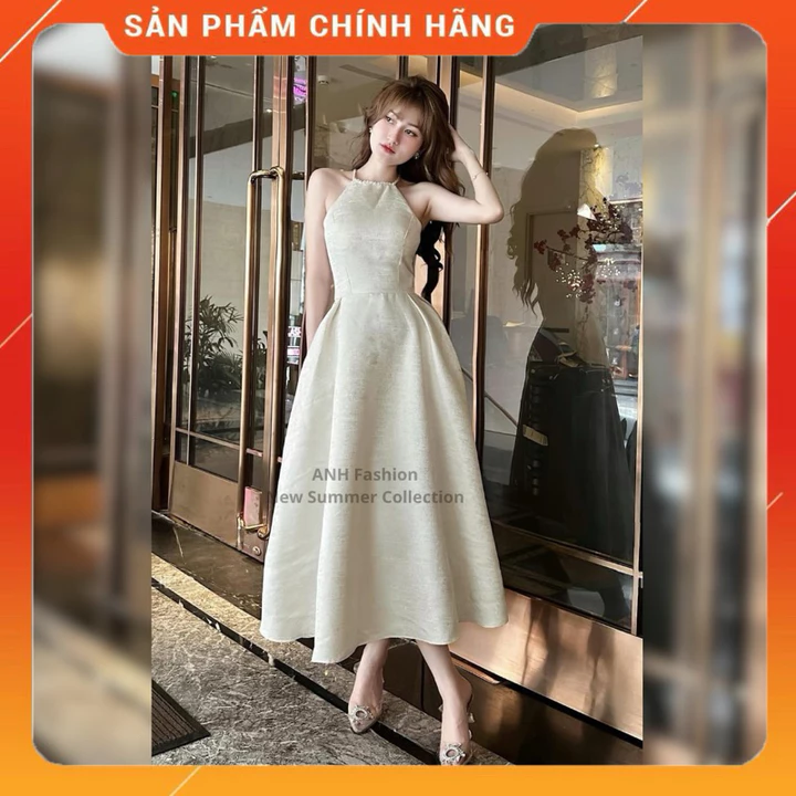 Đầm dự tiệc dáng dài đính đá cổ sang chảnh, Váy dự tiệc cổ yếm đính đá ANH FASHION