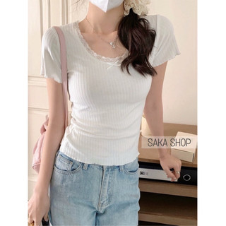 Áo thun nữ dáng ôm babytee cổ tròn viền ren phối nơ trơn màu