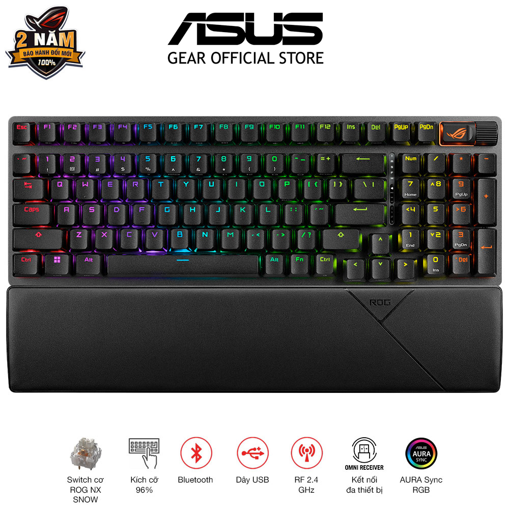 Bàn phím cơ FPS không dây ASUS ROG Strix Scope II 96 WL, swith cơ ROG NX Snow (bluetooth/usb/códây), layout 96%,thay sạc