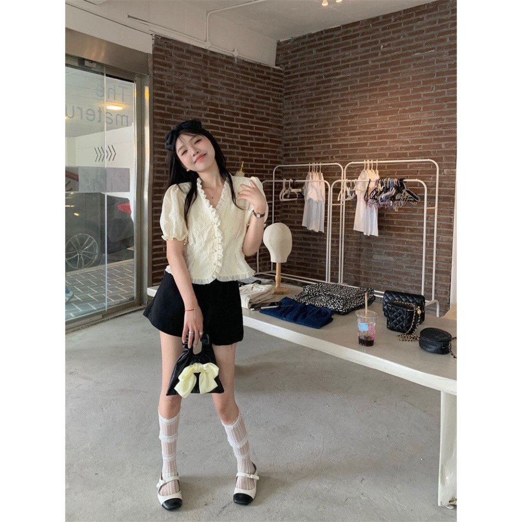 Áo sơ mi cộc tay mùa hè cổ V thiết kế kiểu điệu phong cách tiểu thư sang chảnh hàng QC xu hướng Hàn Quốc [FREESHIP] SP96