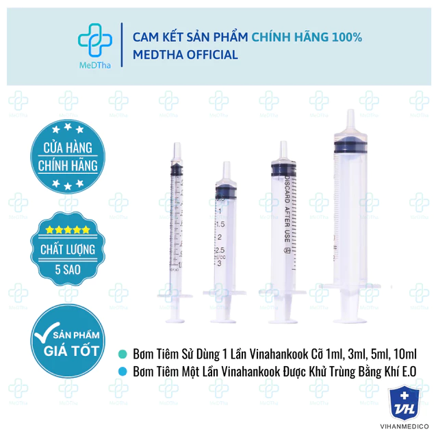 Bơm Tiêm Sử Dùng 1 Lần VINAHAKOOK Cỡ 1ml, 3ml, 5ml, 10ml - Dụng Cụ Y Tế, Bơm Tiêm Vô Trùng