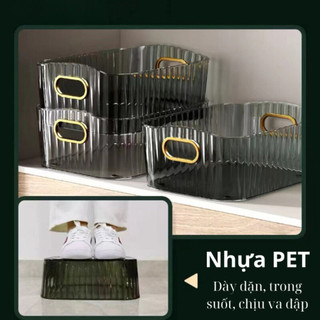 Khay nhựa trong suốt ECO đựng mỹ phẩm có tay cầm, Hộp đựng đồ đề bàn dụng cụ trang điểm đa năng