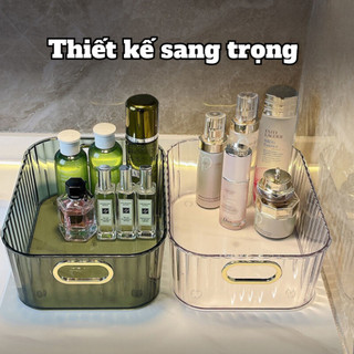 Khay nhựa trong suốt ECO đựng mỹ phẩm có tay cầm, Hộp đựng đồ đề bàn dụng cụ trang điểm đa năng