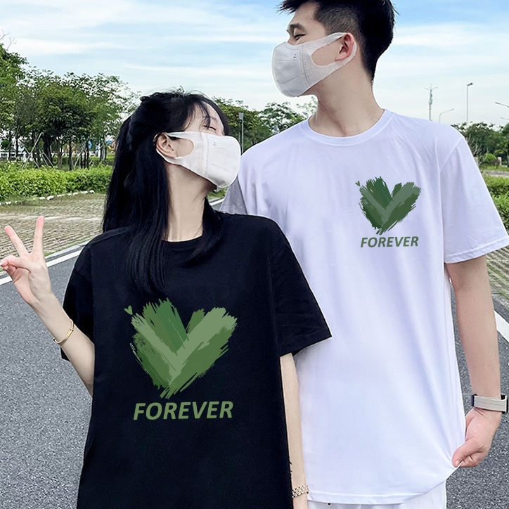 Áo Đôi HappyTee - Áo Thun Cặp đôi dành cho Couple Tim Xanh Love Forever Cotton 100 Cao Cấp - Ghi chú Size Nam Nữ