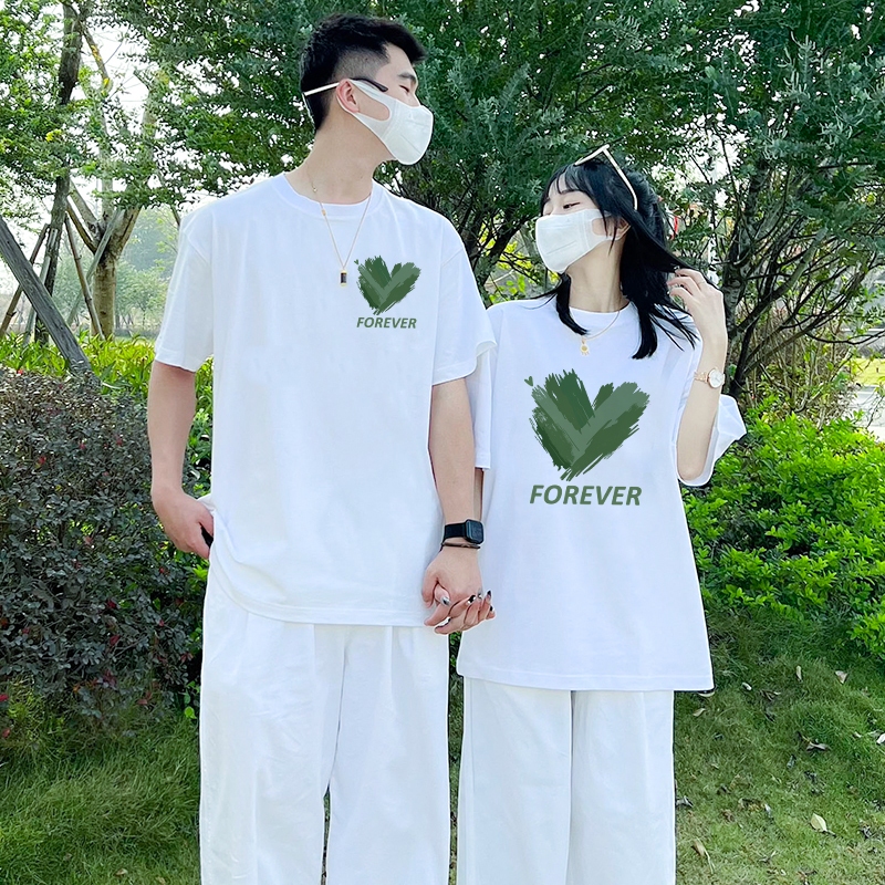 Áo Đôi HappyTee - Áo Thun Cặp đôi dành cho Couple Tim Xanh Love Forever Cotton 100 Cao Cấp - Ghi chú Size Nam Nữ