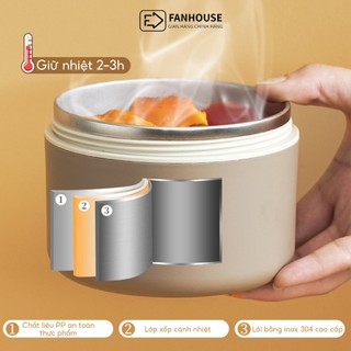 Hộp cơm giữ nhiệt 3 tầng Lunch Box 1500ml hộp đựng cơm inox 304 Fan House tặng bộ đũa thìa