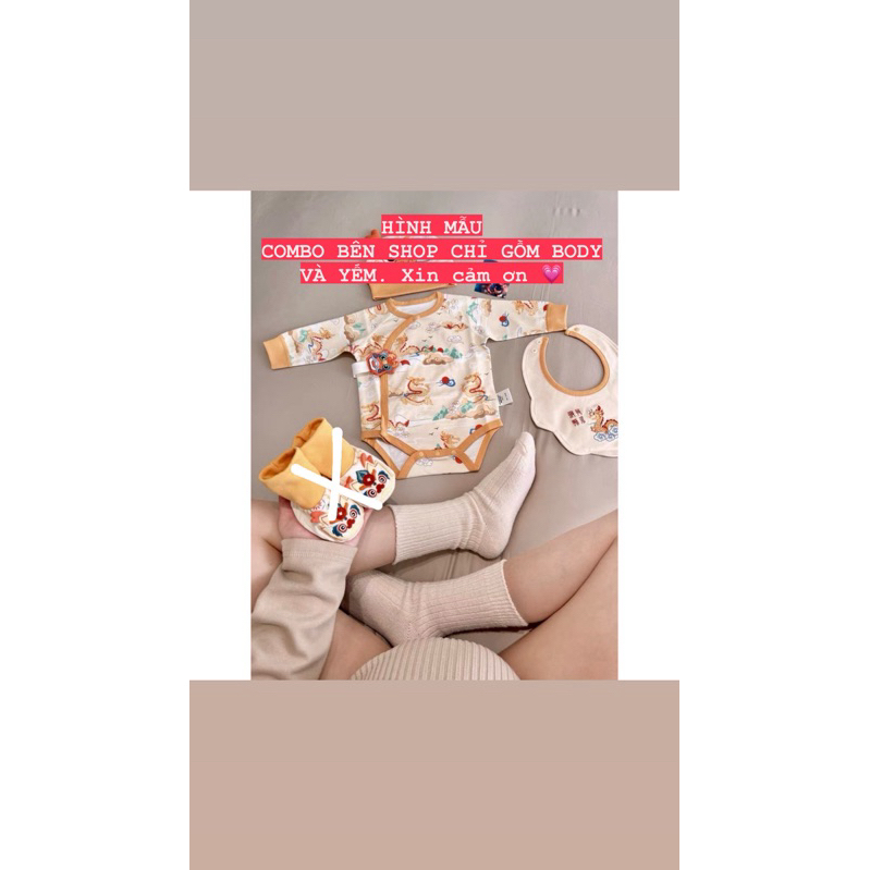 Bộ đồ bé sơ sinh 2món Body họa tiết Rồng thêu + Kèm theo yếm(K kèm mũ và vớ) Hình Thật cuối bài, ib tư vấn size nhé.x