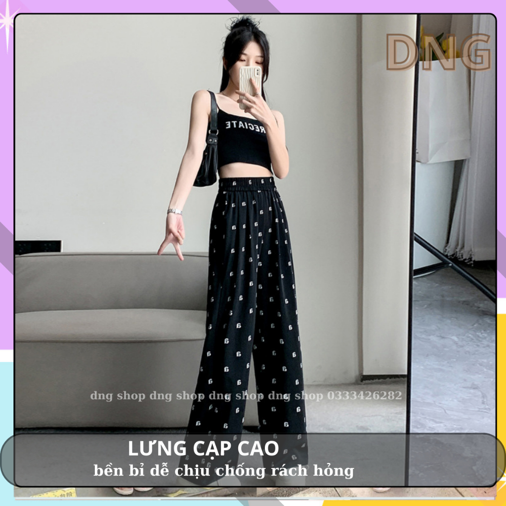 QUẦN Suông ỐNG RỘNG NỮ Đẹp Lụa Lưng CẠP CAO ,QUầN DÀI Ống Đứng CHẤT Lụa Cao Cấp IN Chữ HỌa Tiết Cạp Chun Dây Rút-DNG