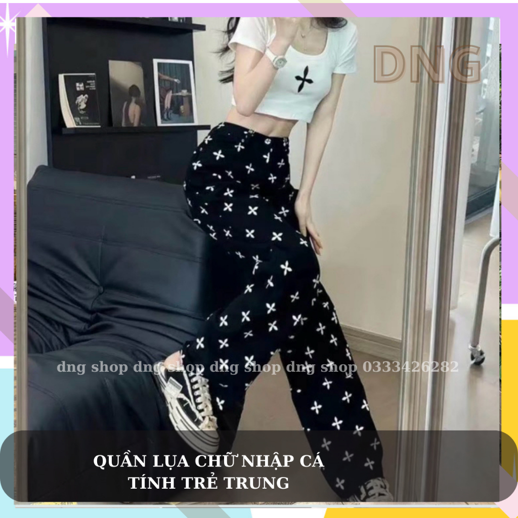 QUẦN Suông ỐNG RỘNG NỮ Đẹp Lụa Lưng CẠP CAO ,QUầN DÀI Ống Đứng CHẤT Lụa Cao Cấp IN Chữ HỌa Tiết Cạp Chun Dây Rút-DNG