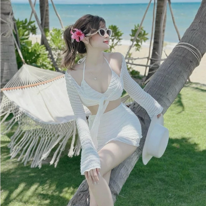 (Có ảnh thật) Set đồ nữ đi biển - Set bikini đi biển 3 món sexy áo bra 2 dây kèm chân váy ôm body phong cách Hàn Quốc