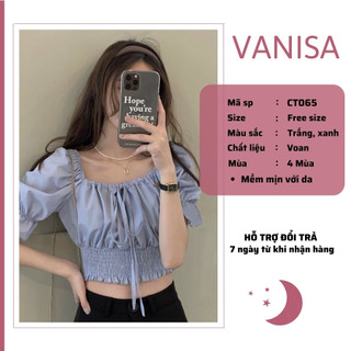 Áo croptop trễ vai kiểu nữ hở vai tay bồng voan trắng xanh VANISA CT065